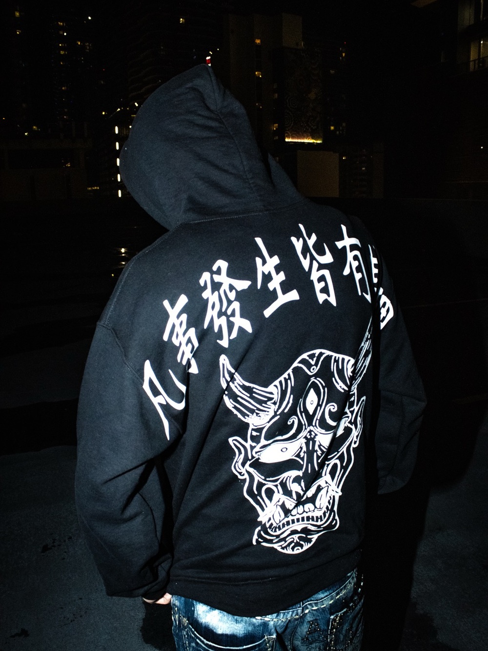 Karma Black Crewneck Hoodie with White Oni Graphic